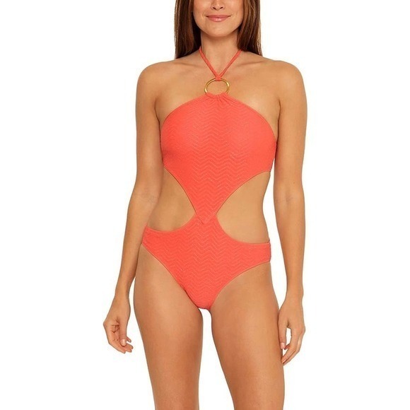 Trina Turk Women's Empire High Neck One Piece Swimsuit Papaya Size 14‎ - Picture 1 of 8